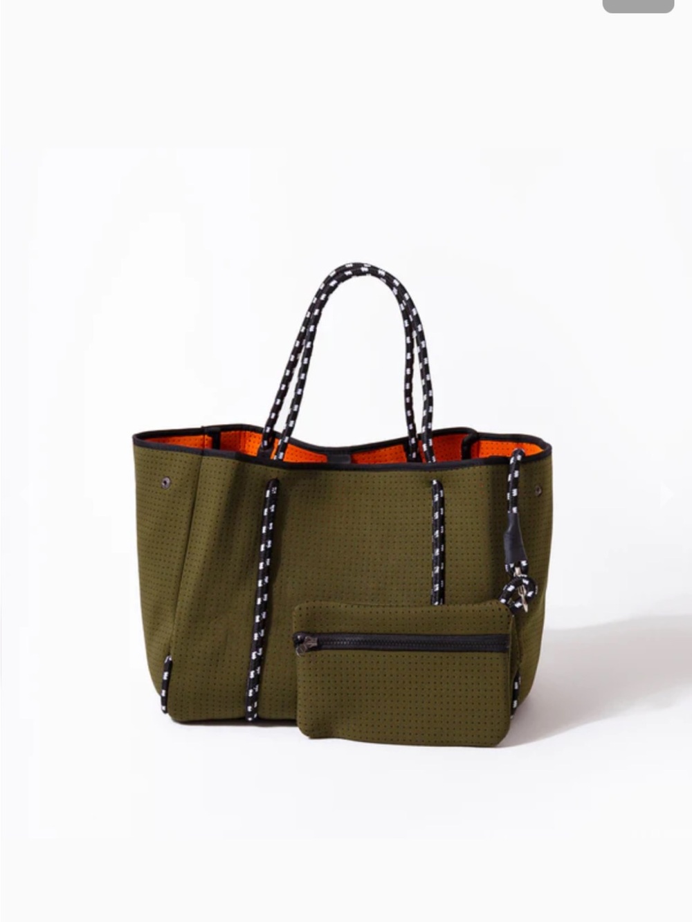 Olive Green Neoprene Tote with Orange Interior and Rope Handles